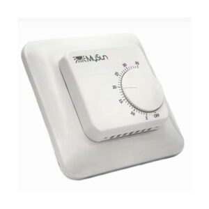 Analogni termostat MySun za jednostavno upravljanje električnim podnim grijanjem. Omogućuje jednostavno uključivanje i isključivanje grijanja te namještanje željene temperature. Priložen podni senzor.